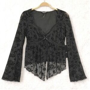 Mixed Threads Whimsigoth Burnout Velvet Floral Top Women S Black Bell Sleeve NWT